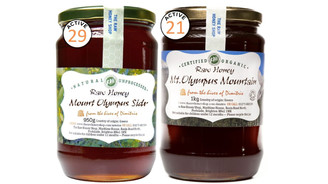 2 jars of dark honey.  One labelled as Sidr and the other labelled as Mt Olympus Mountain.