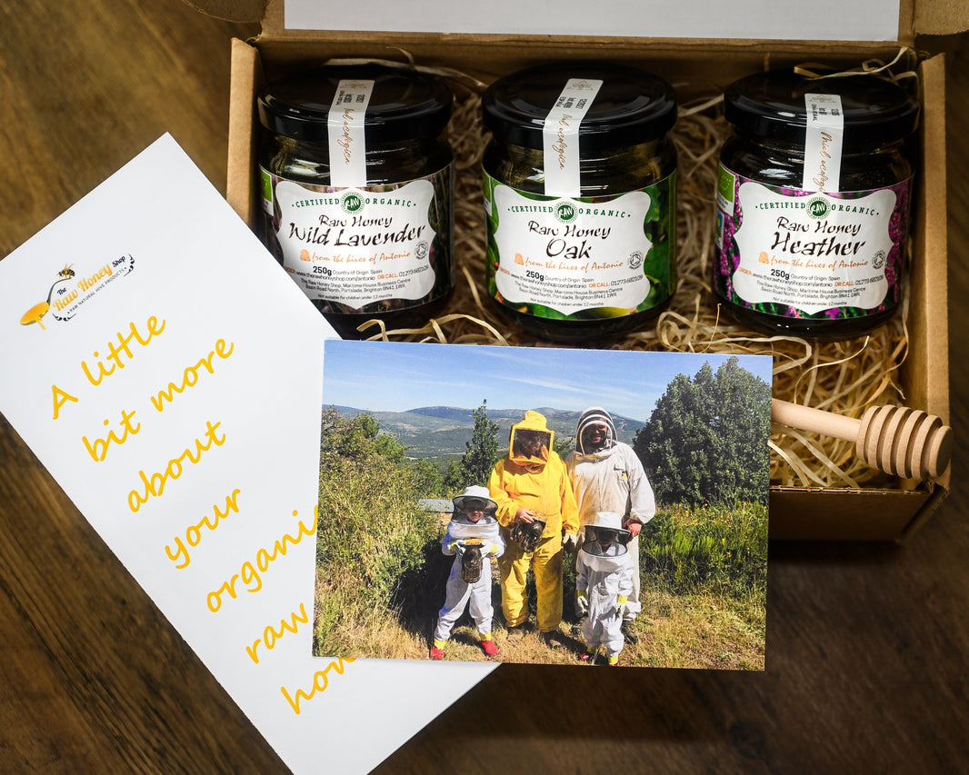 Gift Set box with a honey dipper leaflets and 3 honeys