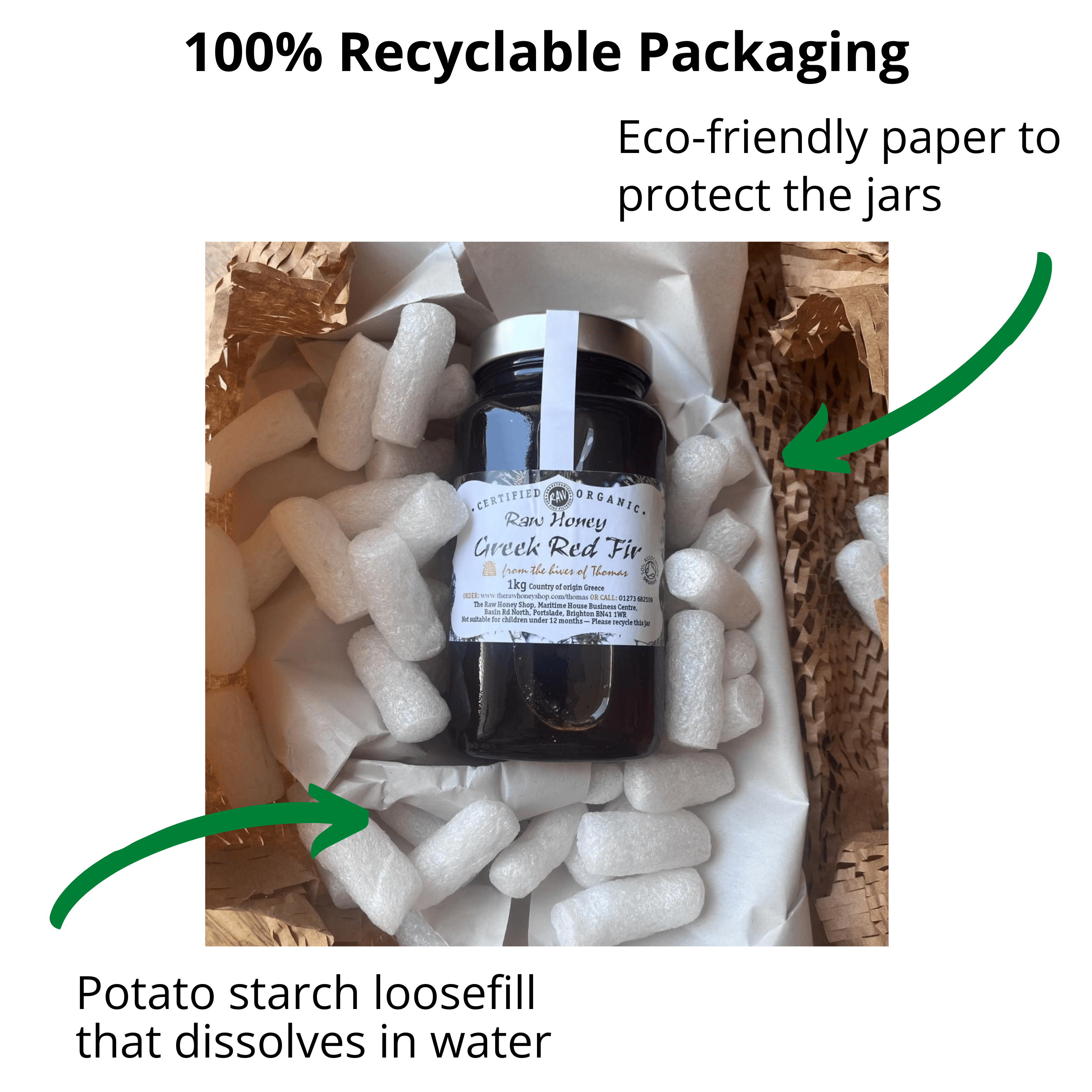 A jar of Greek Red Fig honey surrounded by white potato starch packing material inside a box, with text callouts about recyclable packaging and dissolvable filler.