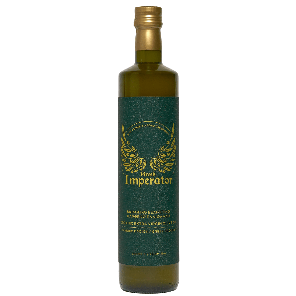 A bottle of Imperator Organic Greek Artisan Extra Virgin Olive Oil with a green label featuring the brand name and olive leaf graphics.