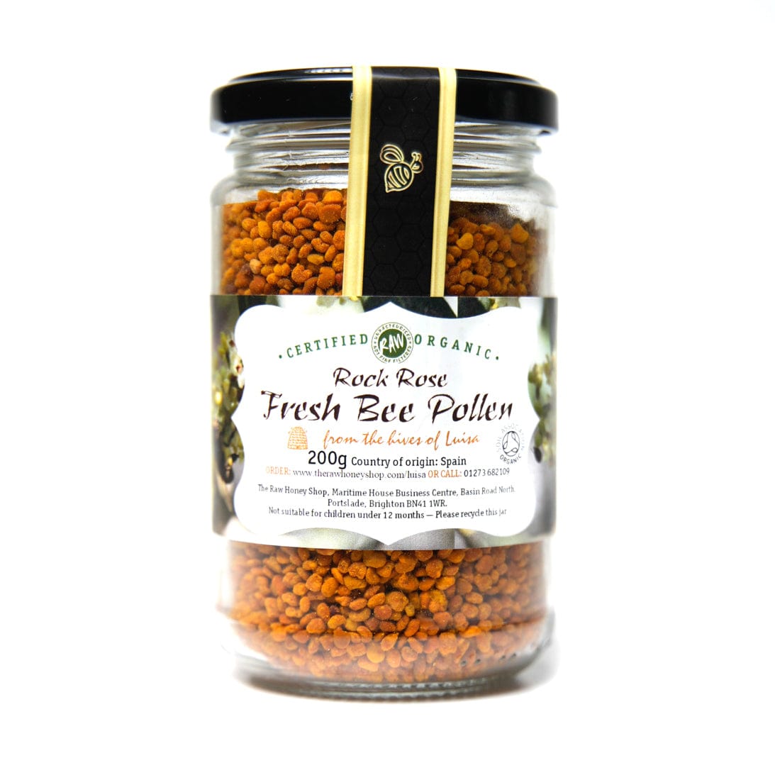 A jar of Fresh Raw Organic Rock Rose Bee Pollen, 200g size, with a white label displaying the product details.