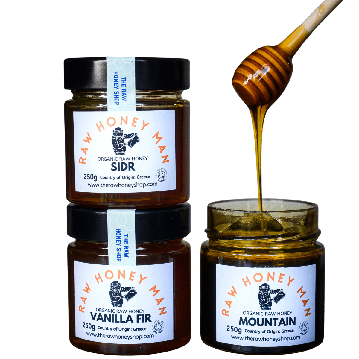 Three jars of Raw Honey Man honey with a honey dipper on a white background
