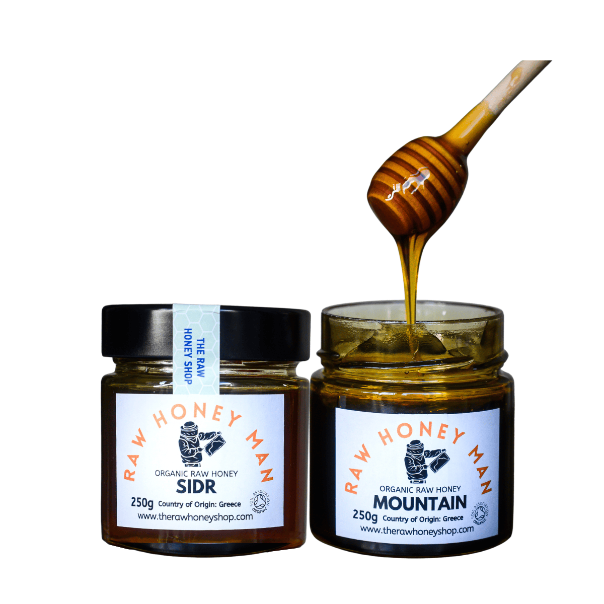 Two jars of Raw Honey Man honey with a honey dipper on a white background