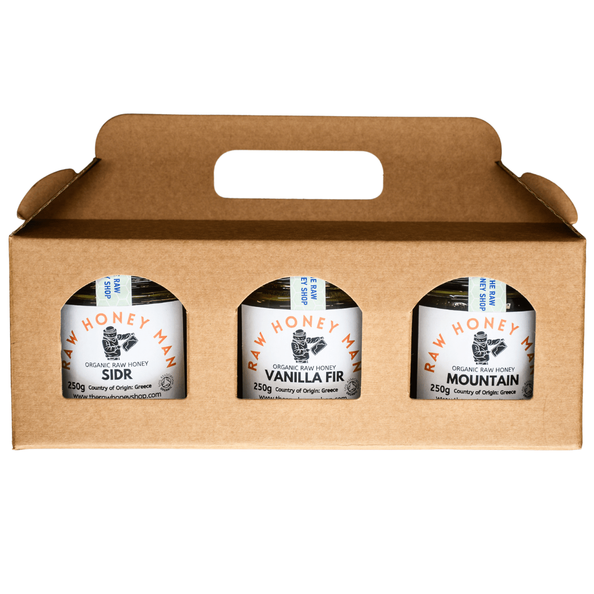 Three jars of Raw Honey Man honey in a cardboard carrier on a white background