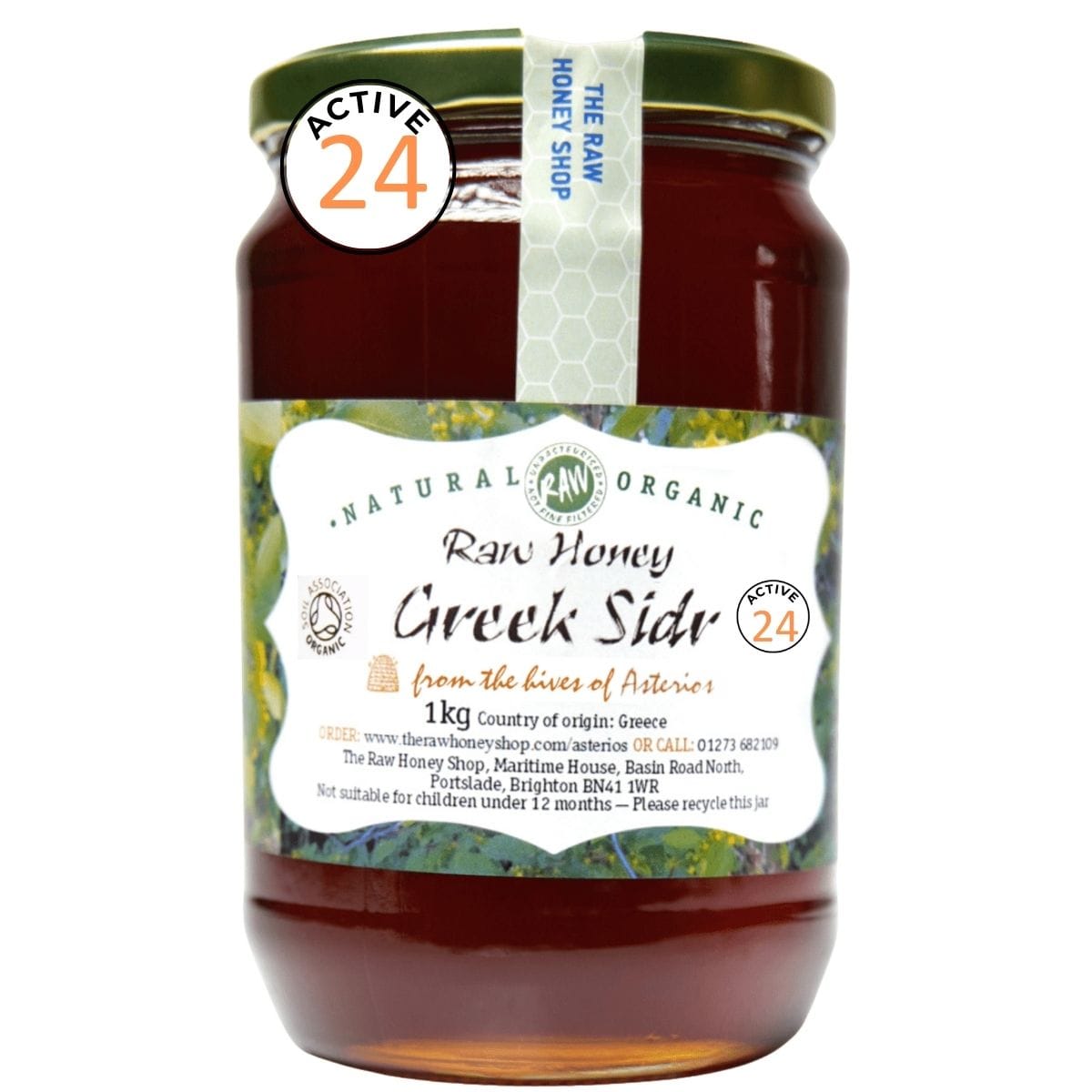 Caramel coloured honey in a glass jar with label to front with Greek Sidr Active 24 label.