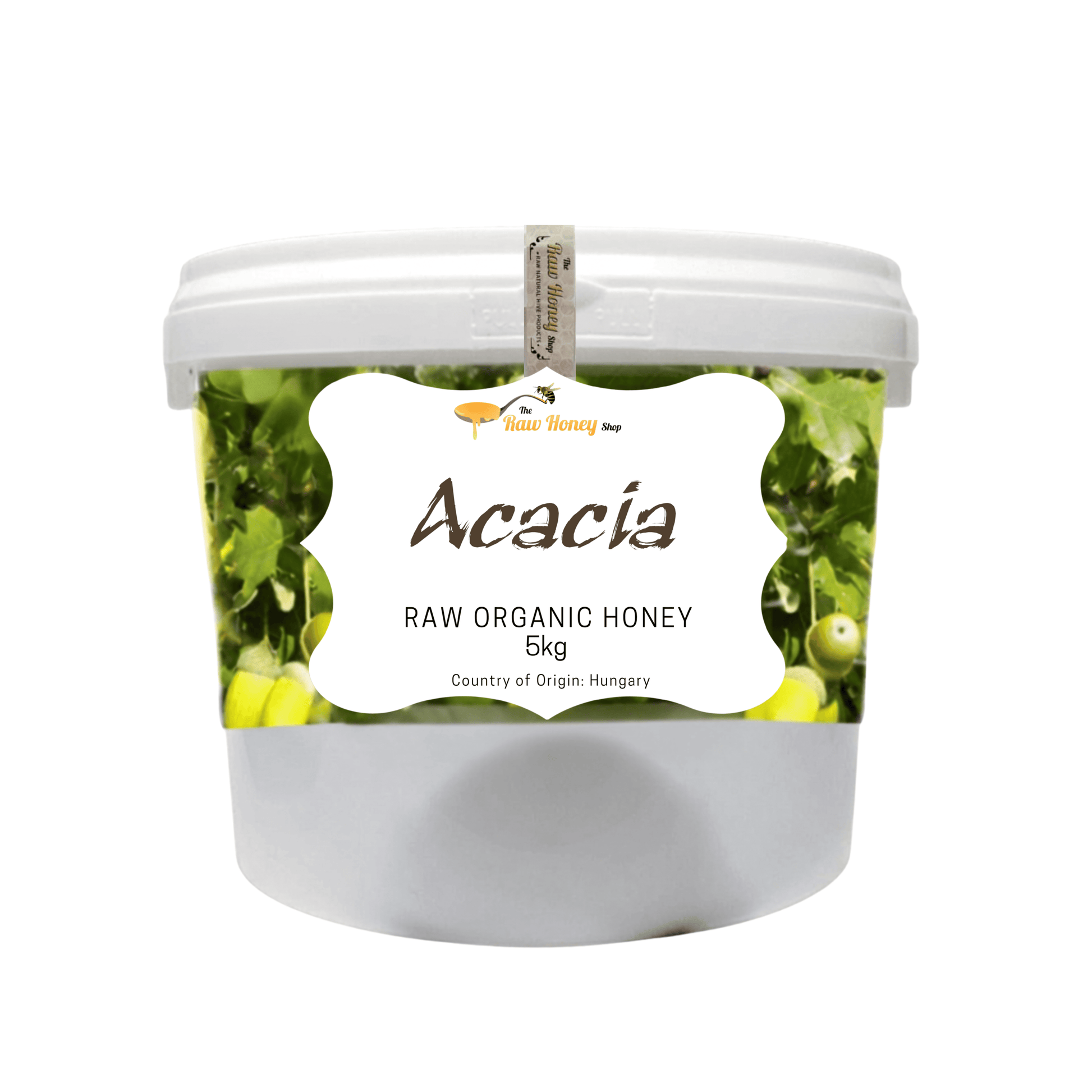 A 5kg plastic tub of Acacia Raw Organic Honey by The Raw Honey, Shop featuring a white lid, a white label with green acacia leaves, set against a plain white background.