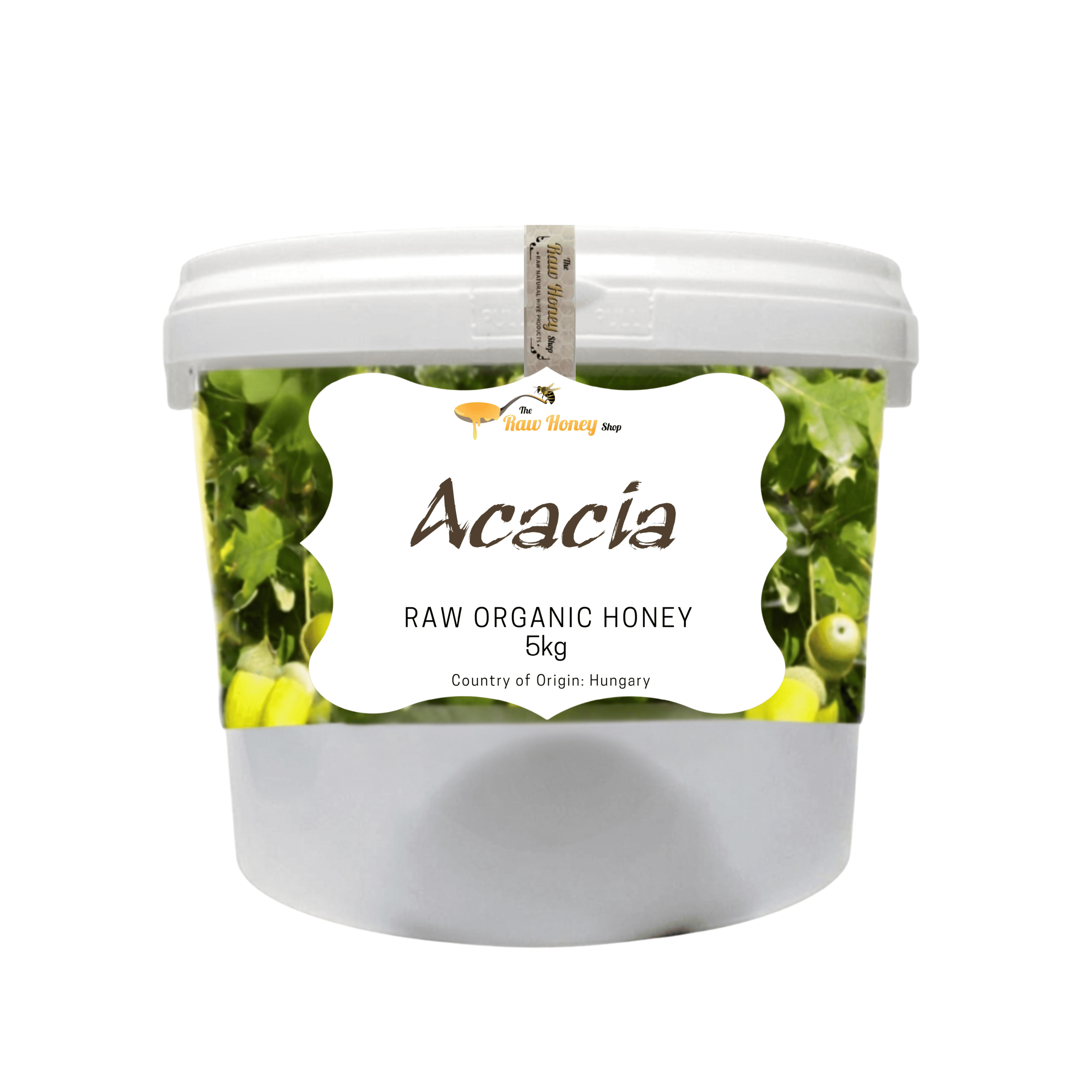 A 5kg plastic tub of Acacia Raw Organic Honey by The Raw Honey, Shop featuring a white lid, a white label with green acacia leaves, set against a plain white background.