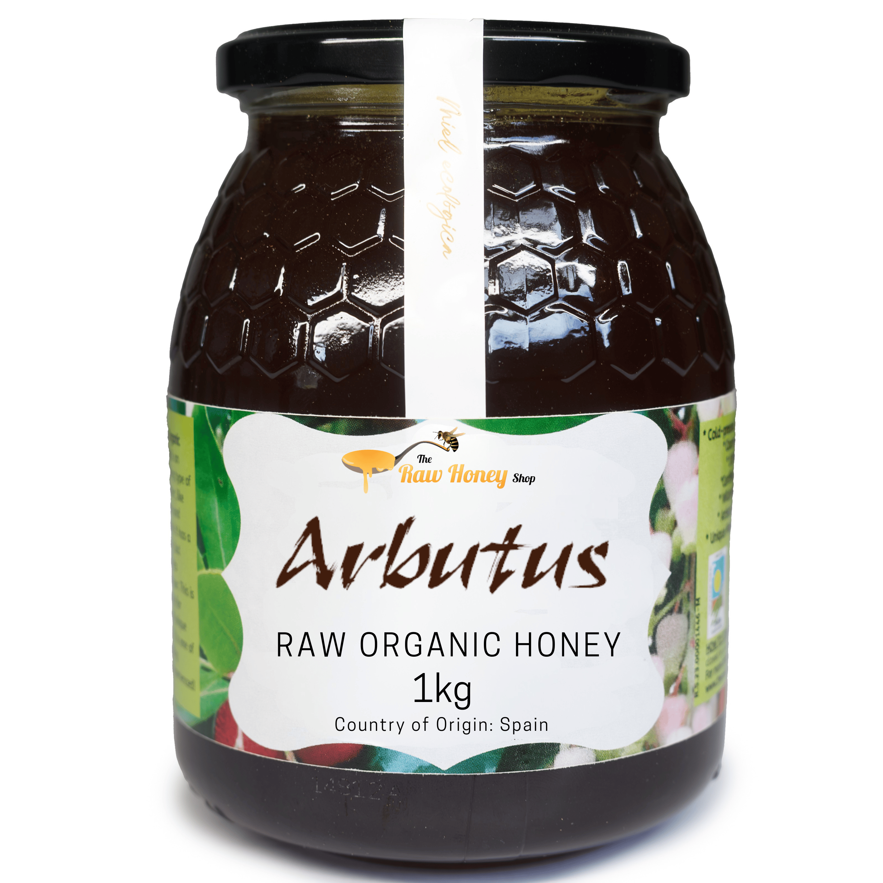 A 1kg glass jar of Antonio's Arbutus Raw Organic Honey from The Raw Honey Shop with a black lid and a white paper label, shown on a plain white background.