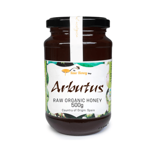A 500g glass jar of Raw Organic Honey from The Raw Honey Shop with a black lid and a white label featuring green and yellow illustrations, set against a plain white background.