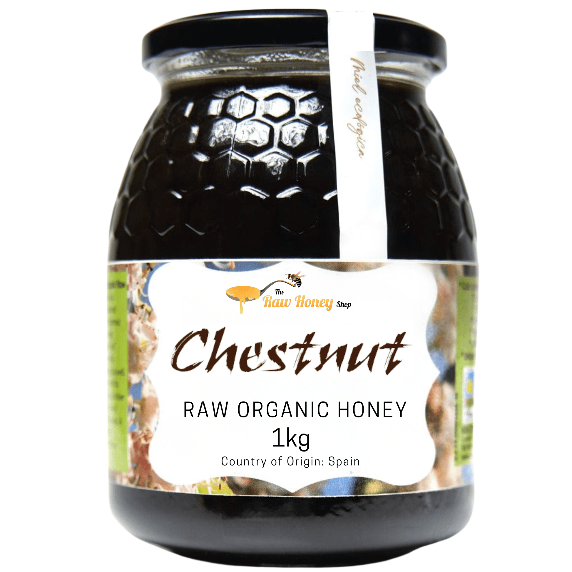 A 1kg glass jar of Antonio's Raw Organic Chestnut Honey Shop from The Raw Organic Honey with a black lid and a white label, set against a plain white background.