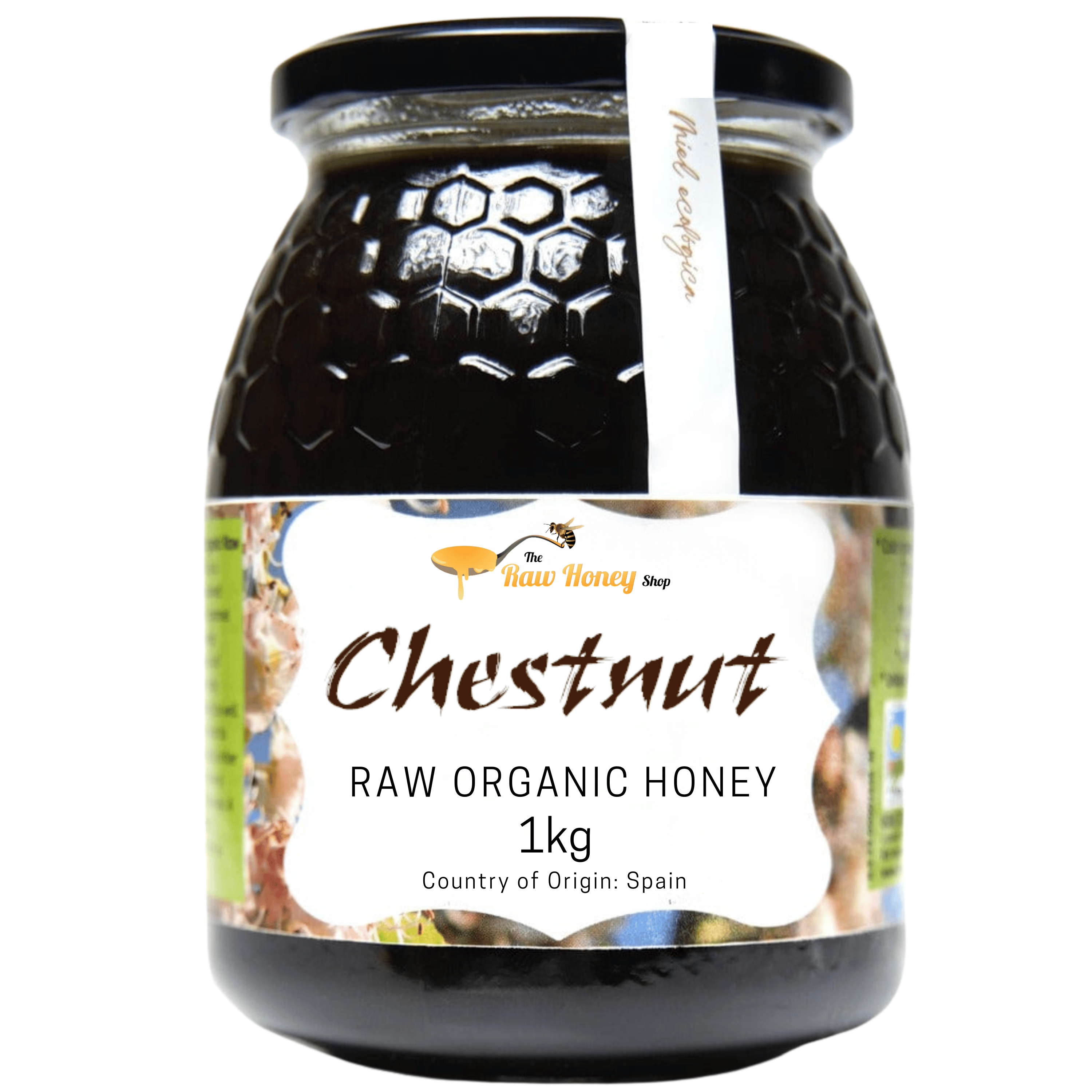 A 1kg glass jar of Antonio's Raw Organic Chestnut Honey Shop from The Raw Organic Honey with a black lid and a white label, set against a plain white background.
