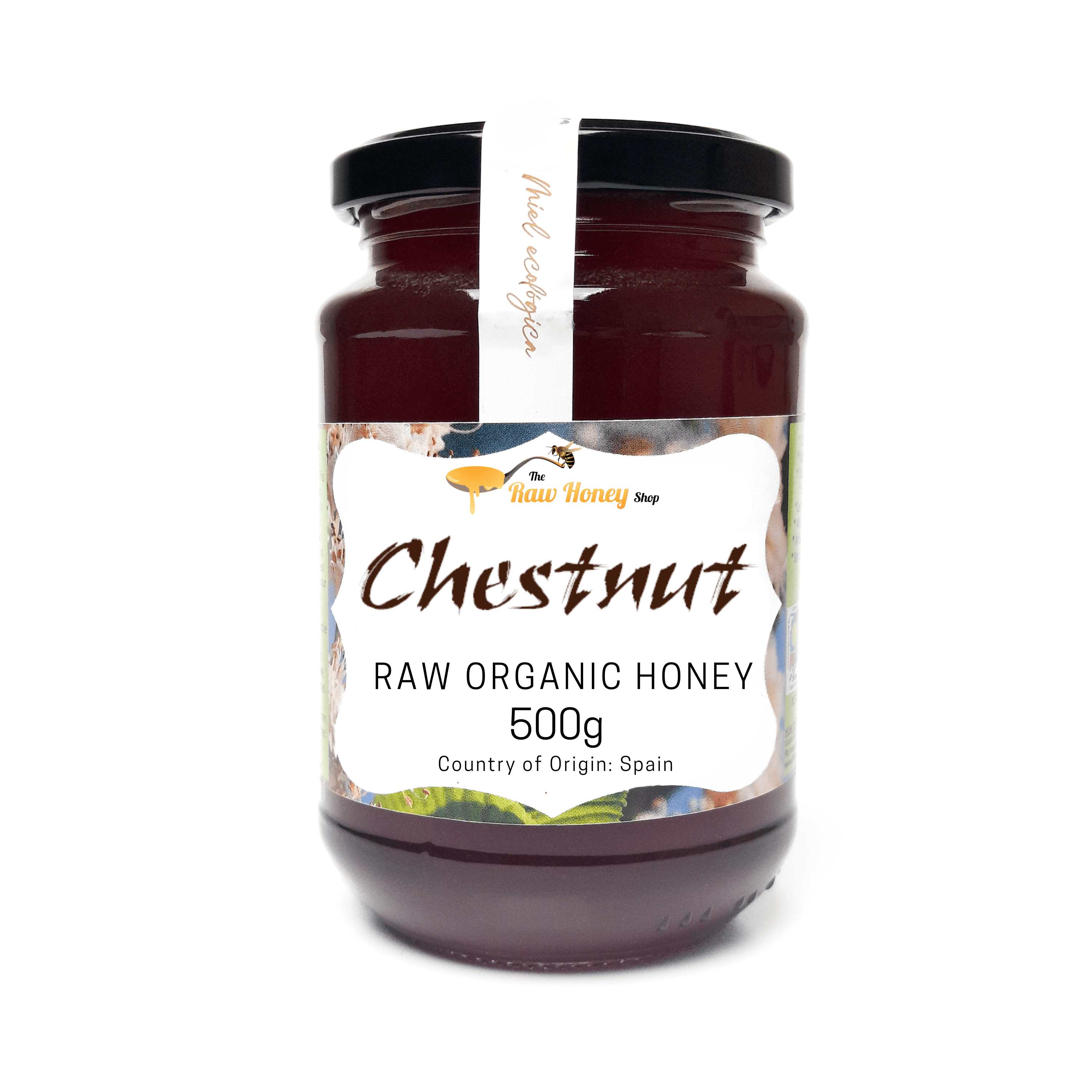 A 500g glass jar of Antonios Chestnut Raw Organic Honey from The Raw Honey Shop with a black lid and a white label, set against a plain white background.