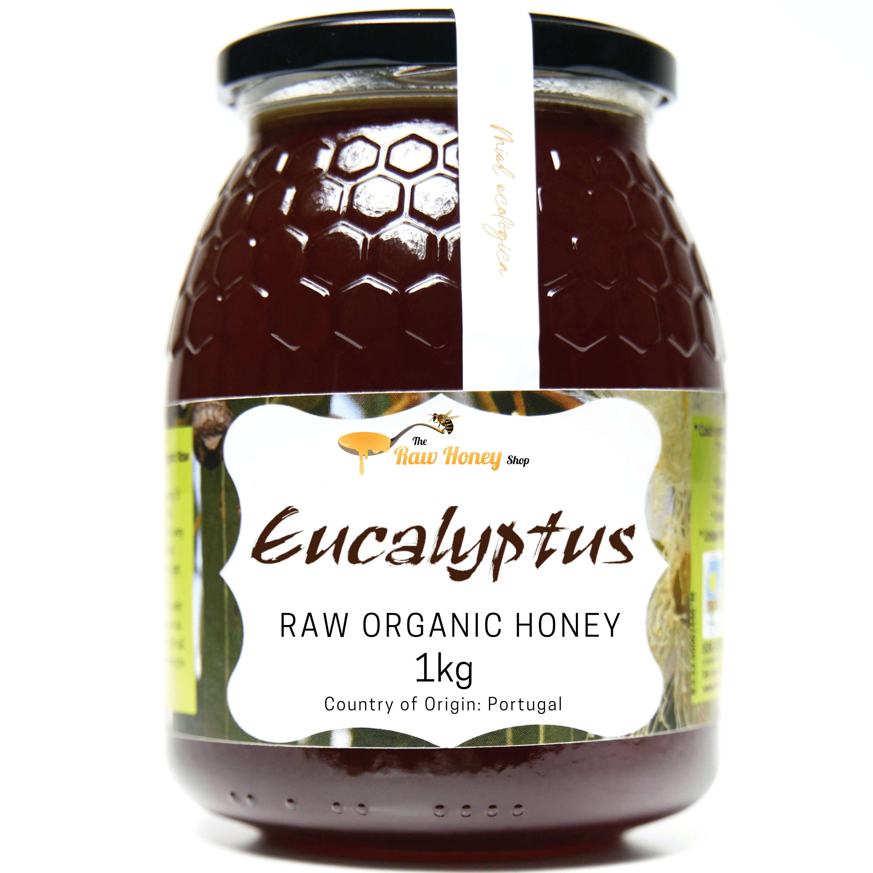 1kg glass jar of Antonios Organic Raw Eucalyptus Honey from The Raw Honey Shop. 
