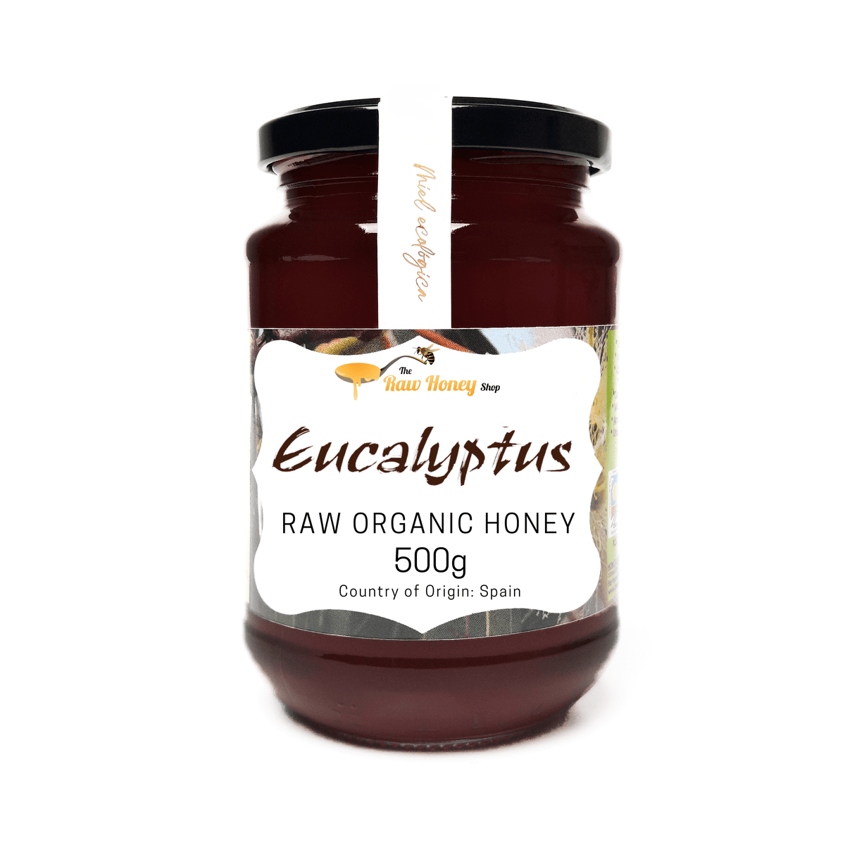 A 500g glass jar of Antonios Raw Organic Eucalyptus Honey from The Raw Honey Shop. 