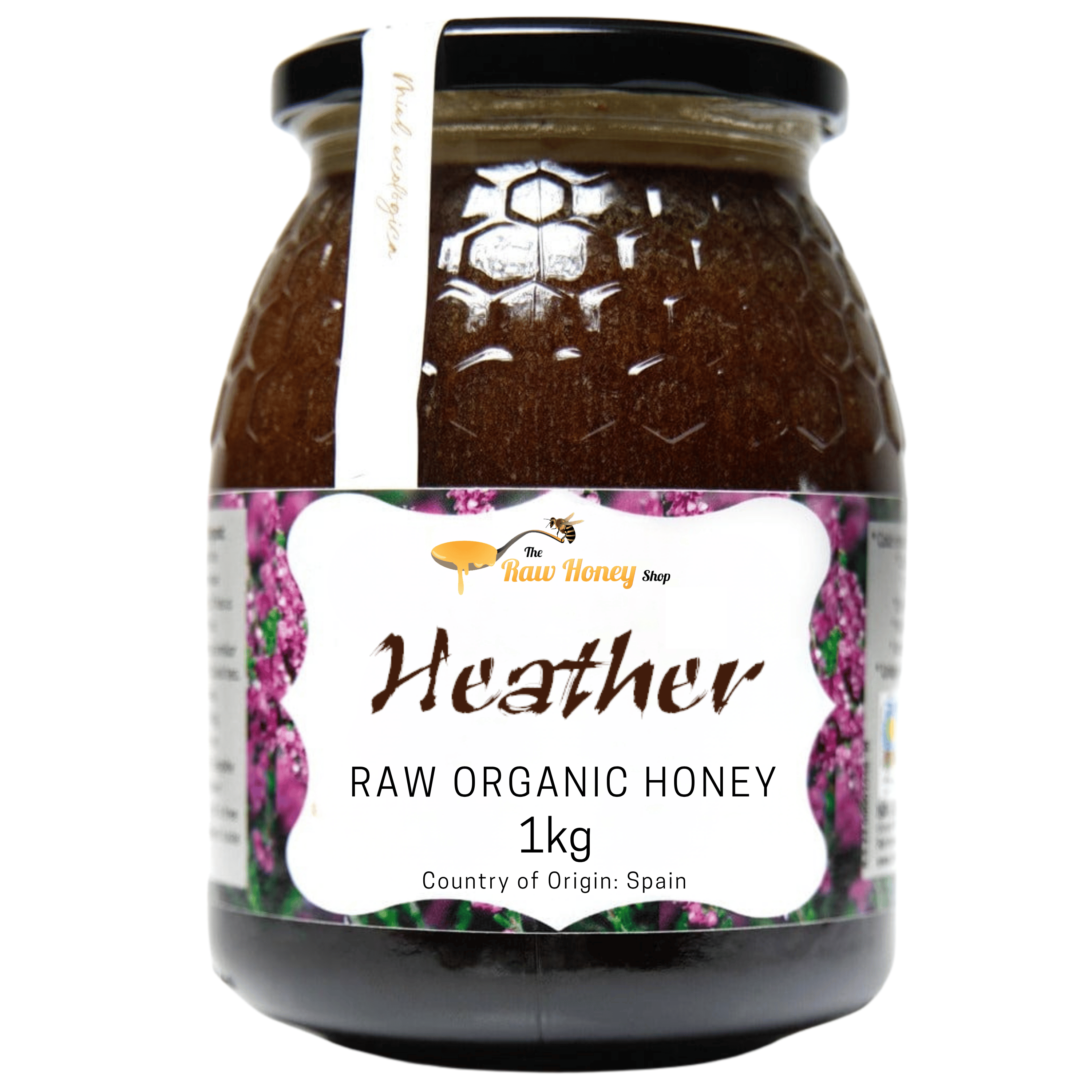A 1kg glass jar of Antonios Heather Raw Organic Honey from Raw Honey Shop, featuring a white label with purple flowers and a black lid, set against a plain white background.