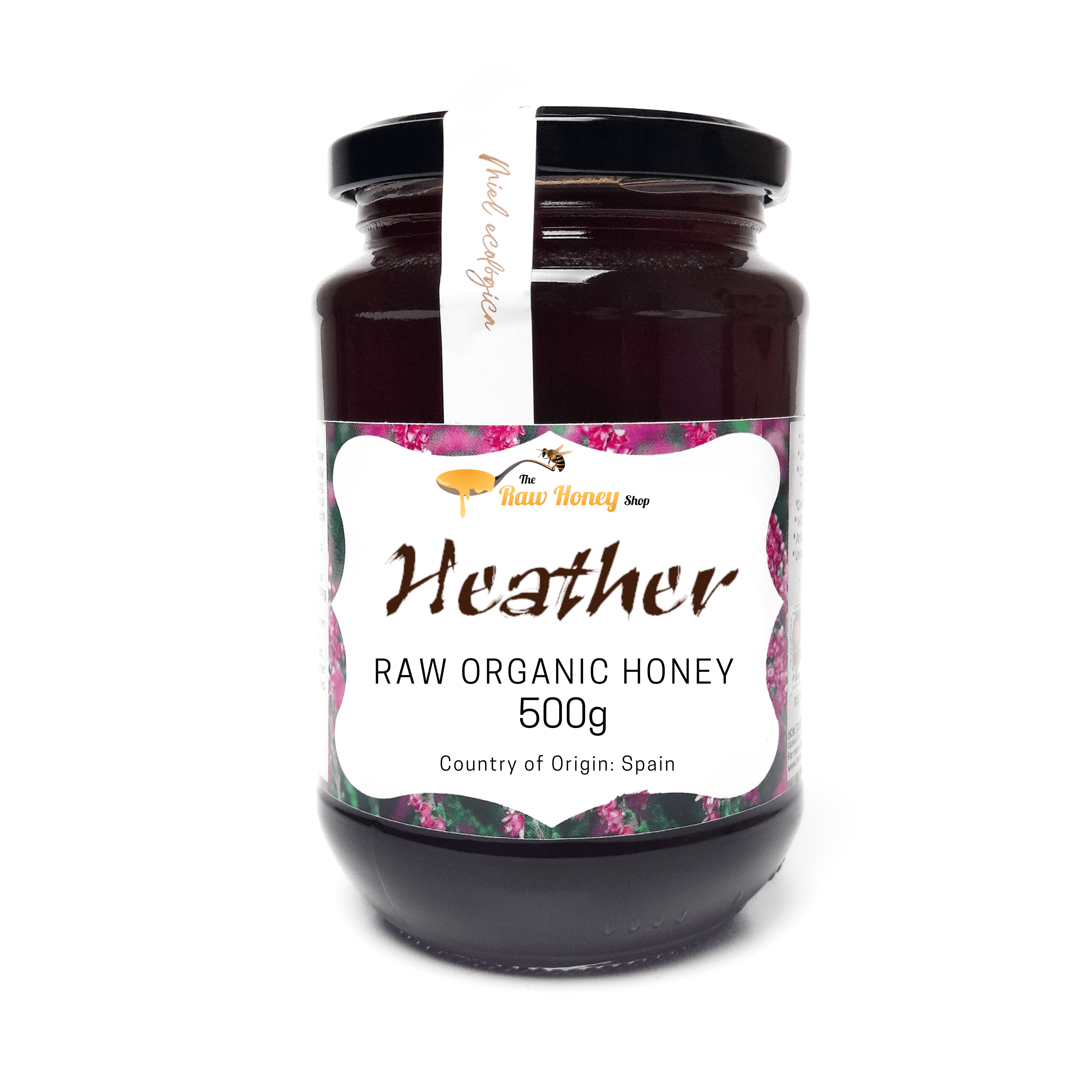 A 500g glass jar of Antonios Raw Organic Heather Honey from The Raw Honey Shop.