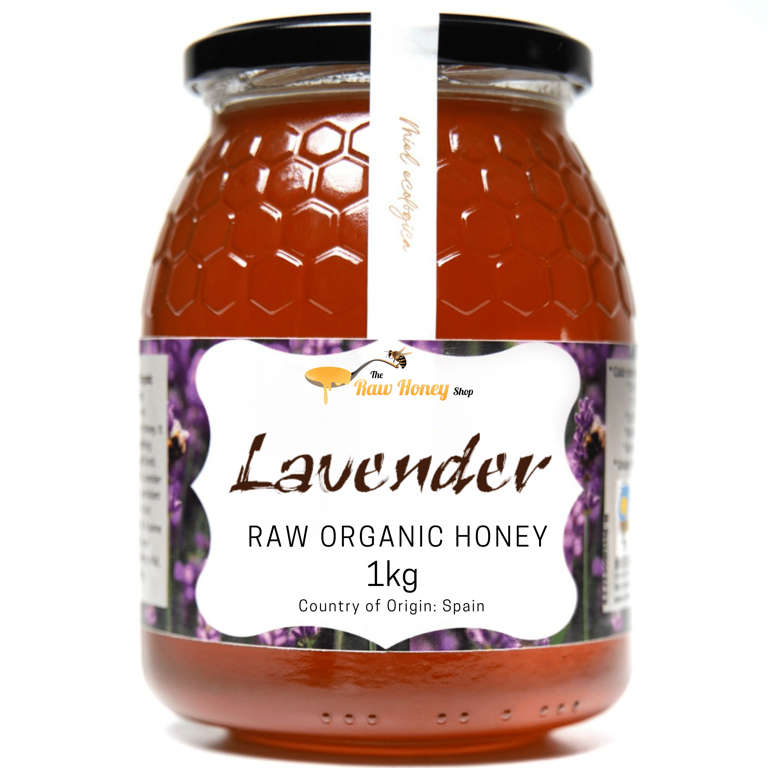 A 1kg glass jar of Antonios Lavender Raw Organic Honey from The Raw Honey Shop with a black lid and a white label featuring purple lavender flowers.