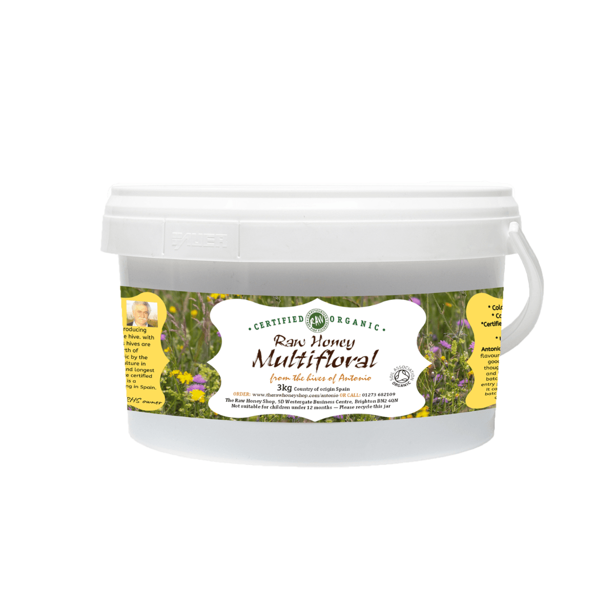 White plastic 3kg tub of Antonios Raw Organic Multifloral Honey.