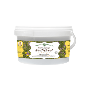 White plastic 3kg tub of Antonios Raw Organic Multifloral Honey.