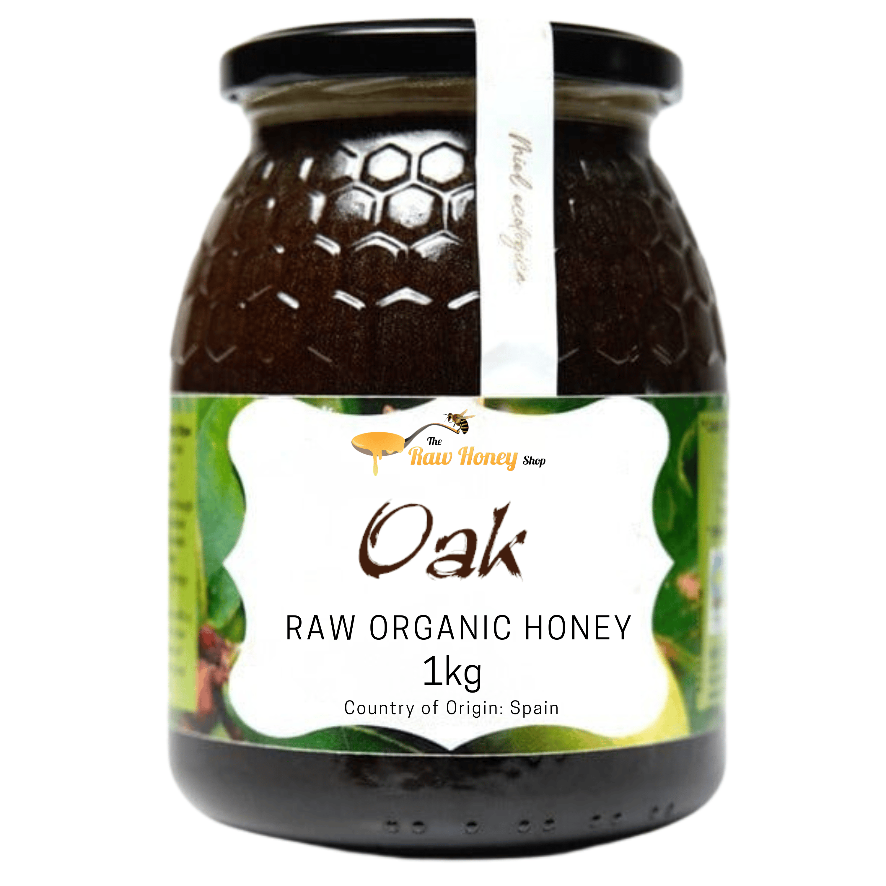 A 1kg glass jar of Antonios Raw Organic Oak Honey from The Raw Honey Shop.