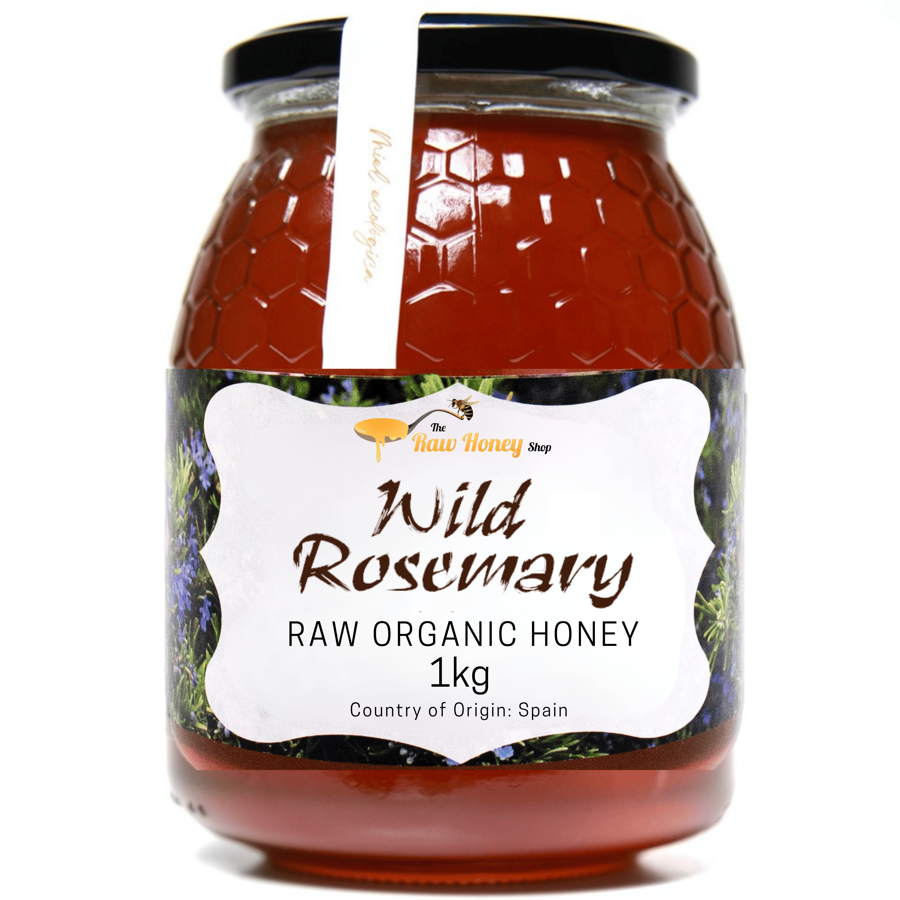 A 1kg glass jar of Antonios Raw Organic Rosemary Honey from The Raw Honey Shop.