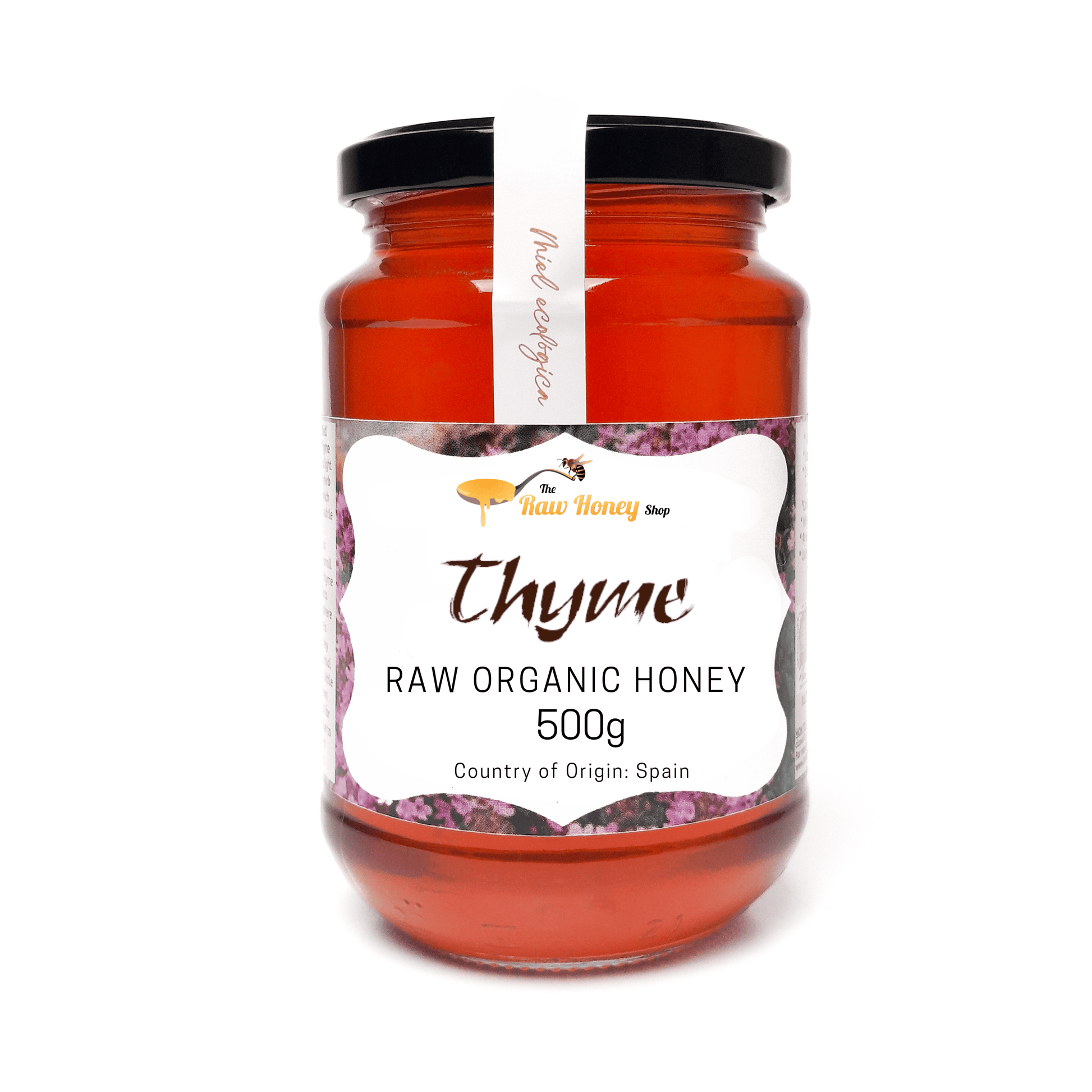 A 500g jar of Antonios Raw Organic Thyme Honey from The Raw Honey Shop.