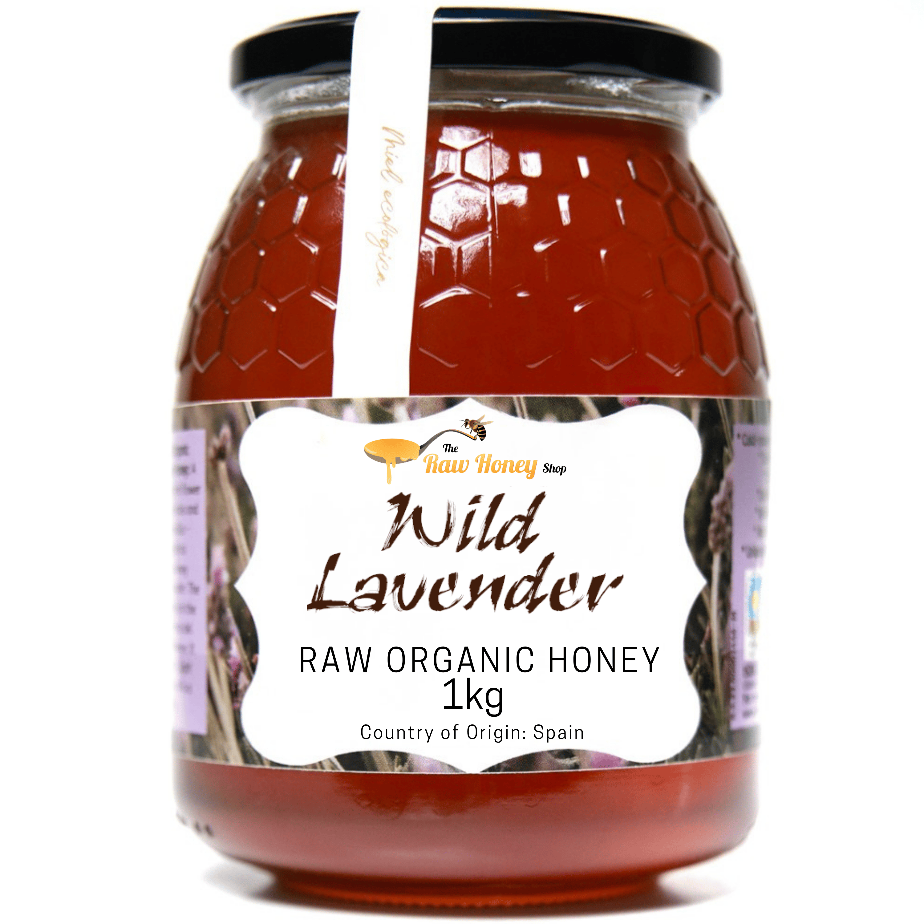 A 1kg glass jar of Antonios Raw Organic Wild Lavender Honey from The Raw Honey Shop.