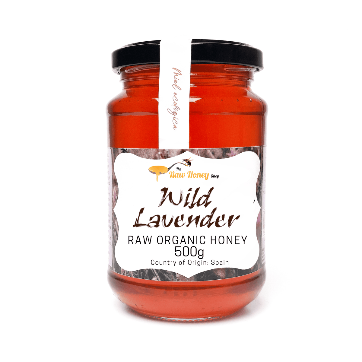 A 500g glass jar of Antonios Raw Organic Wild Lavender Honey from The Raw Honey Shop.
