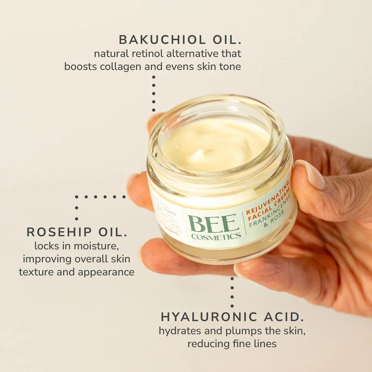 A hand holding a small glass jar of Bee Cosmetics Rejuvenating Facial Cream with text callouts describing its ingredients: bakuchiol oil, rosehip oil, and hyaluronic acid. 