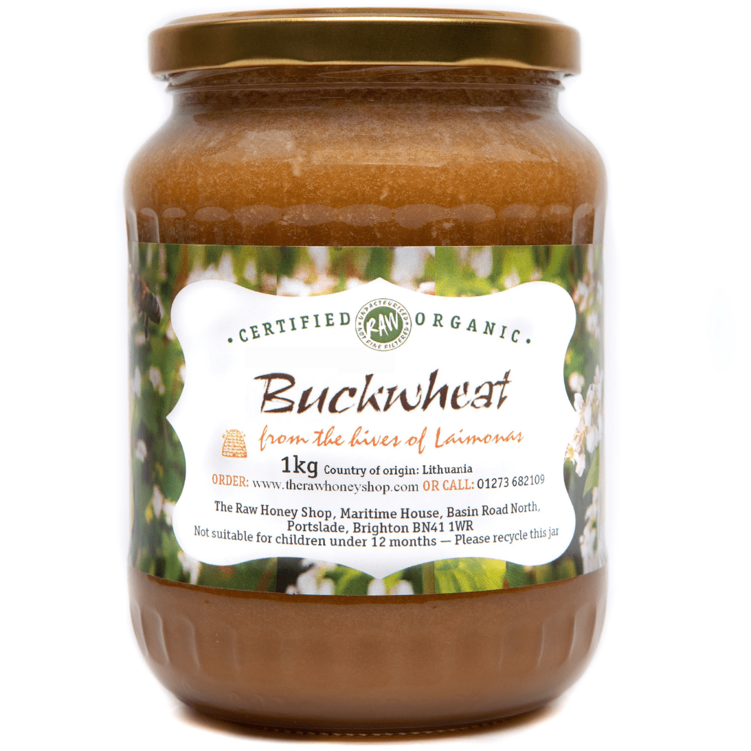 1kg glass jar containing organic Buckwheat honey