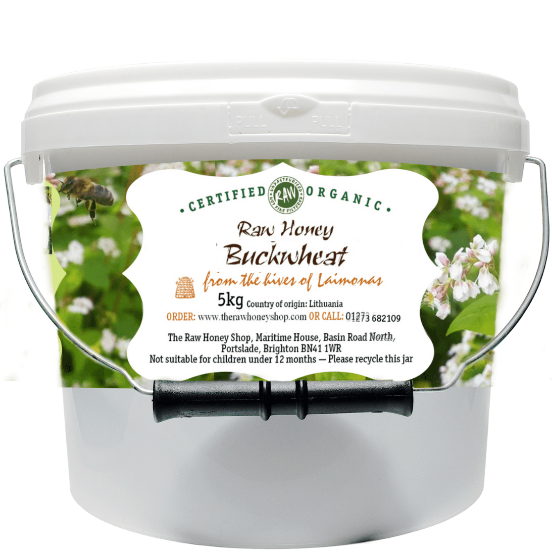 White plastic tub containing 5kg of raw organic buckwheat honey