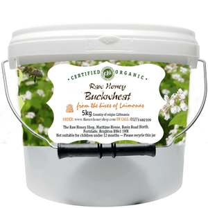 White plastic tub containing 5kg of raw organic buckwheat honey