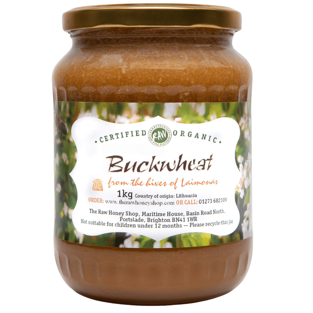 Glass jar containing 1kg of Buckwheat honey