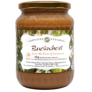 Glass jar containing 1kg of Buckwheat honey