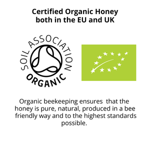Certified organic honey badge graphic with the Soil Association Organic logo and a green EU organic flag on a white background, with text stating certified organic honey both in the EU and UK.