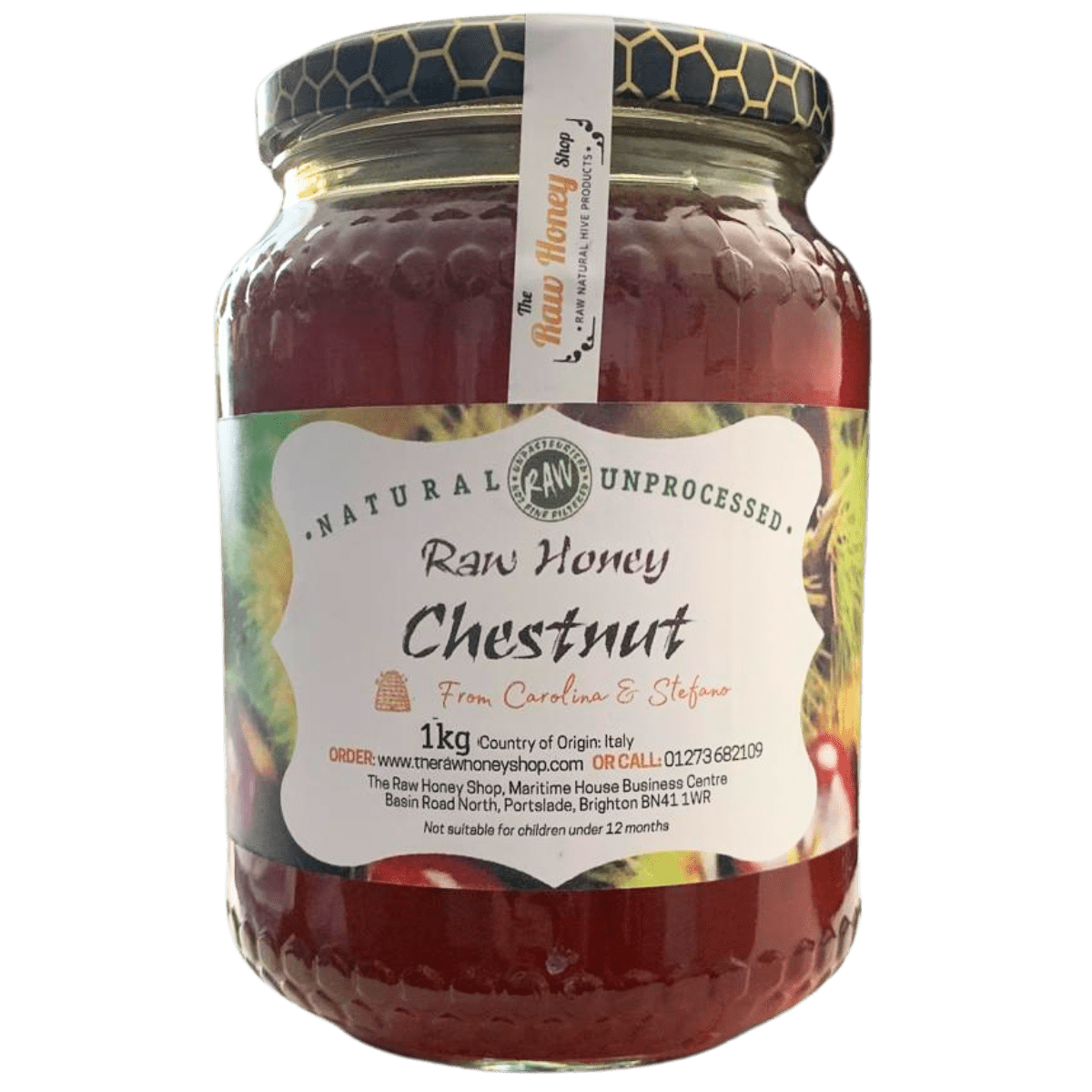 A jar of Raw Italian Chestnut Honey with a label displaying the brand, product name, and details such as '1kg', 'Country of Origin - Italy', and '12 months' shelf life.
