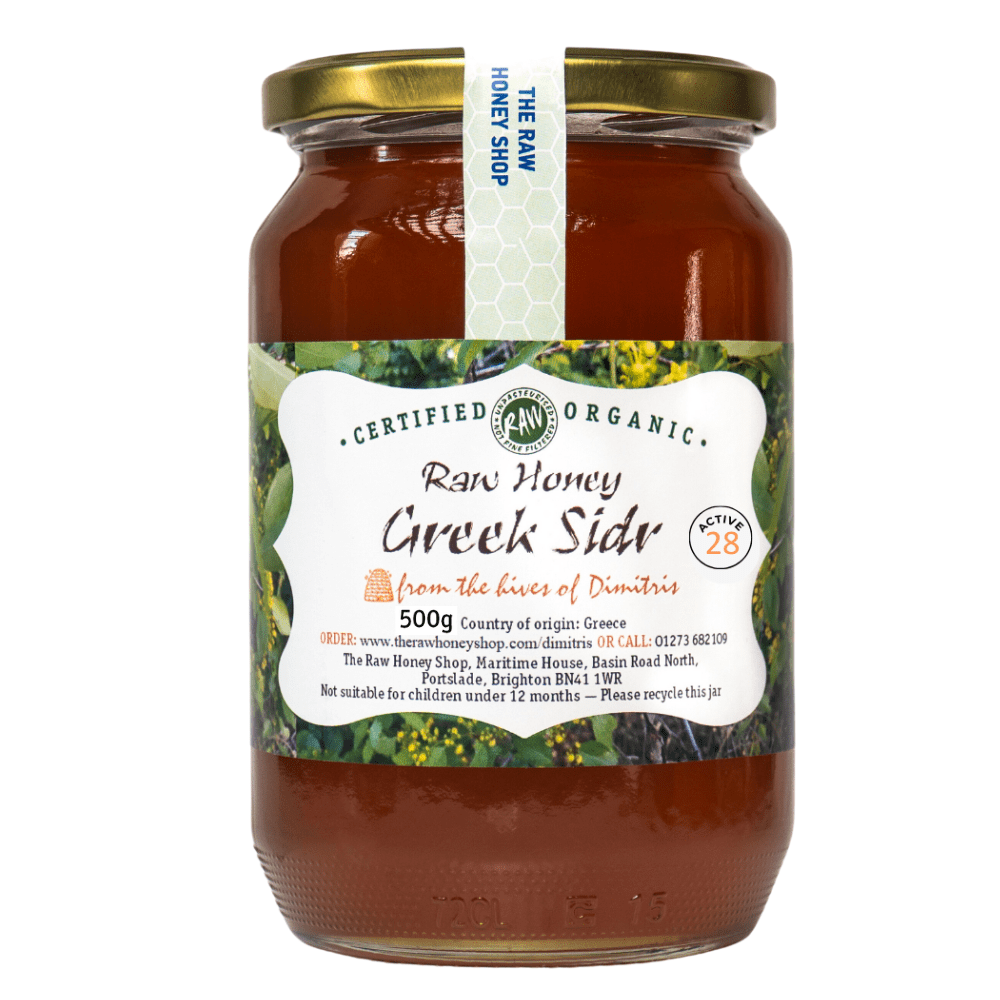  Labelled glass jar containing 500g of  raw organic Greek sidr honey.