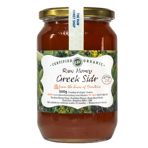  Labelled glass jar containing 500g of  raw organic Greek sidr honey.