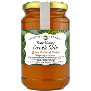 glass jar containing 500g of golden raw organic Greek sidr honey.