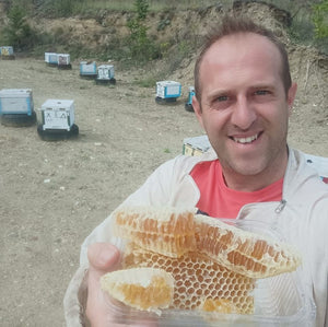 Man holding honeycomb with beekeeping equipment and hives in the background