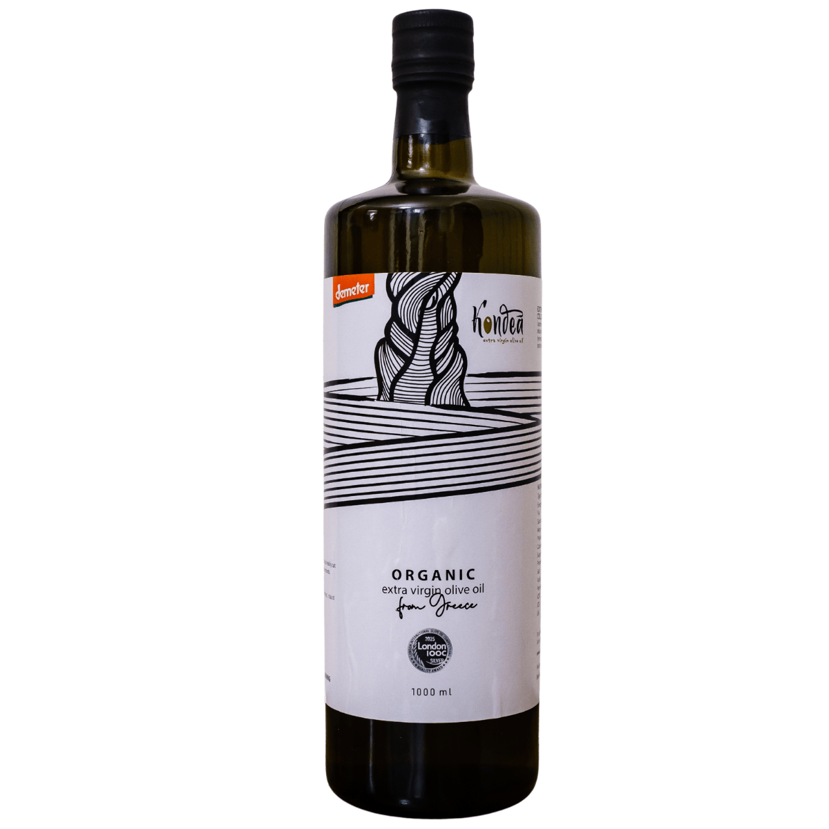 Bottle of organic extra virgin olive oil with a label on a white background