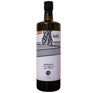 Bottle of organic extra virgin olive oil with a label on a white background