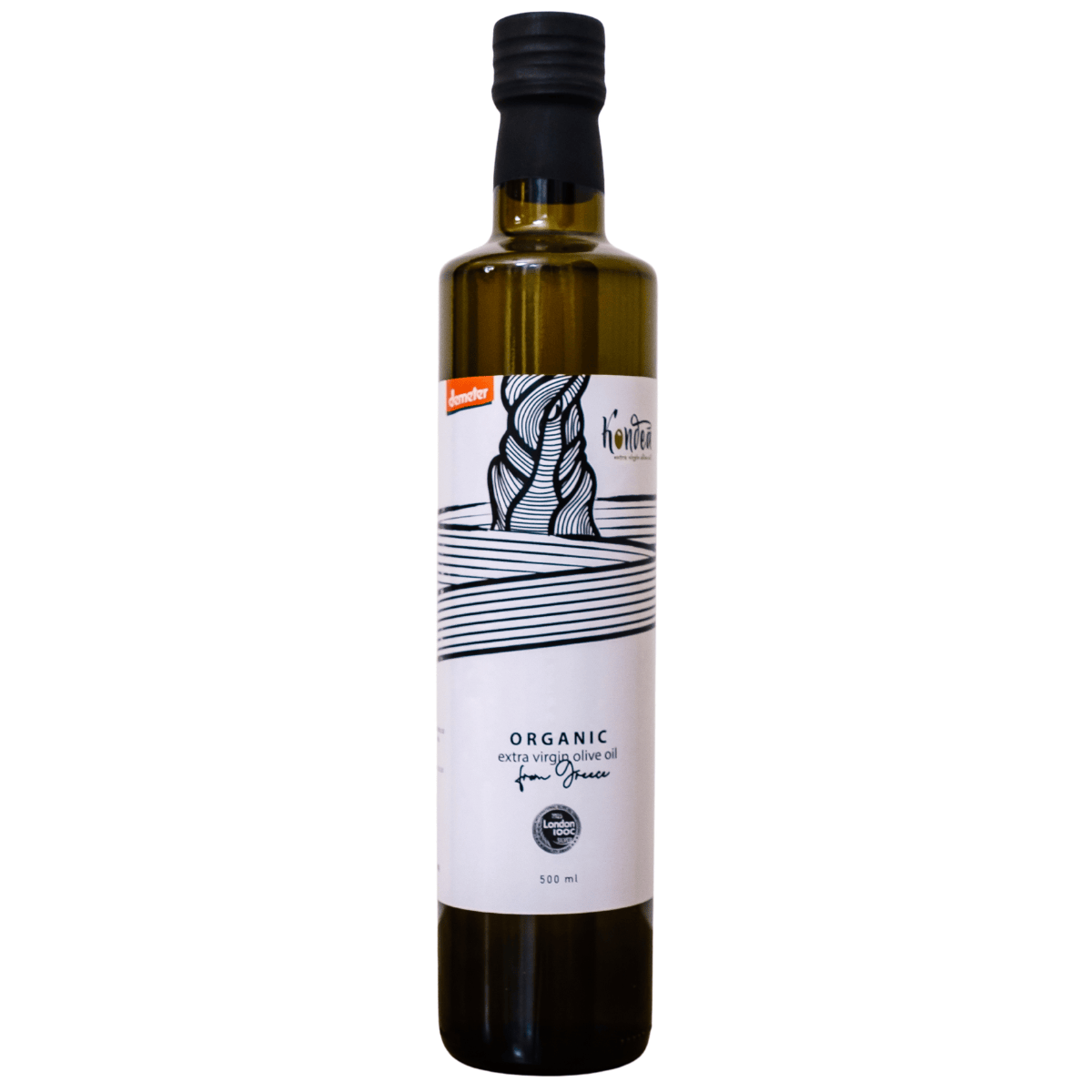 Bottle of organic extra virgin olive oil with a label on a white background