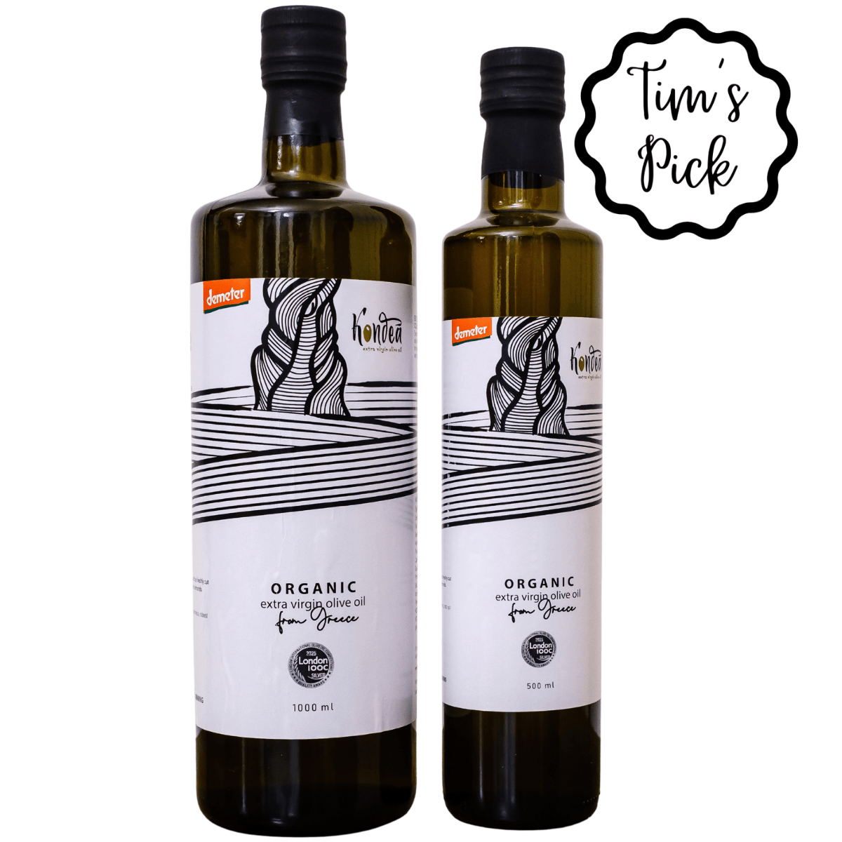 Two bottles of organic extra virgin olive oil from Greece on a white background with 'Tim's Pick' label.