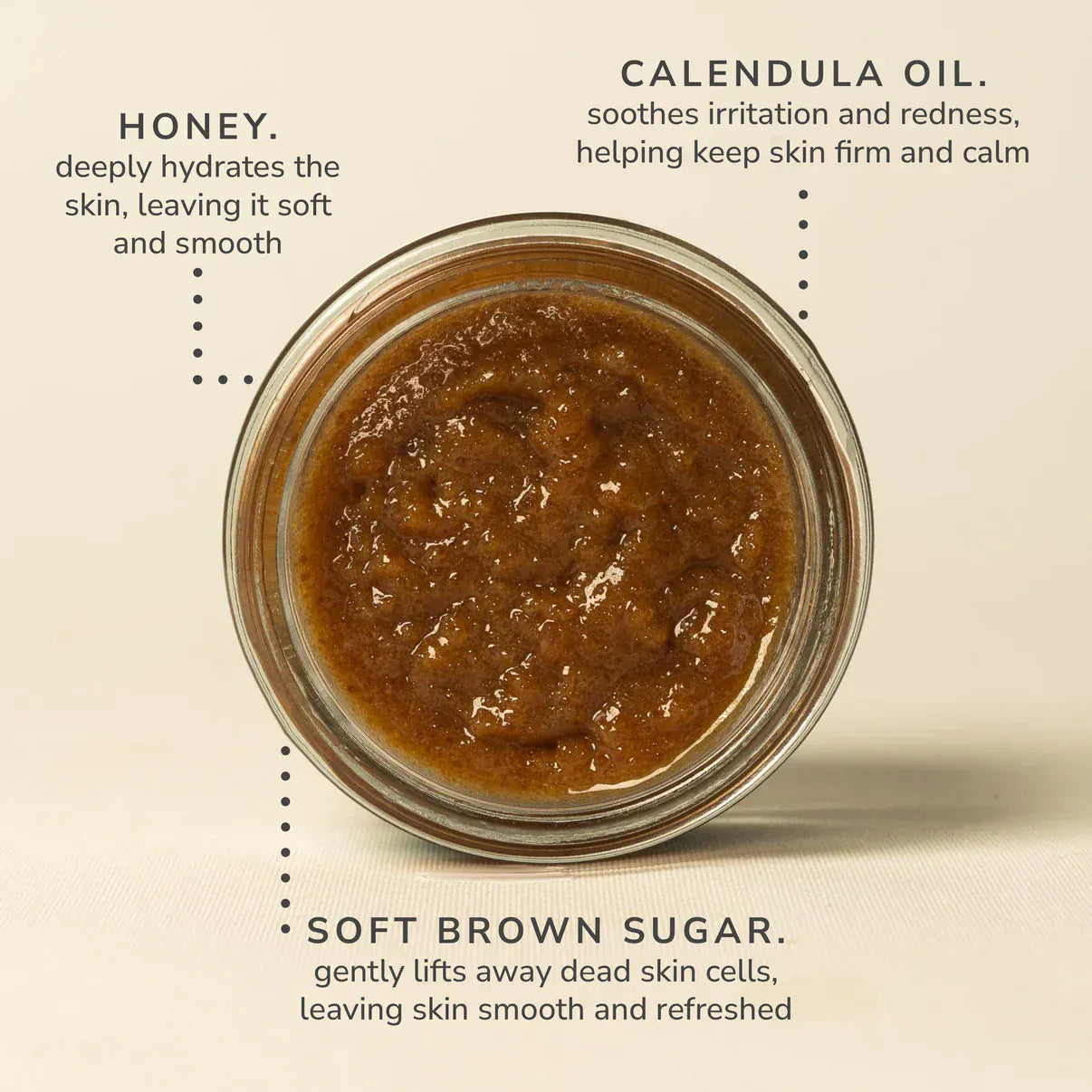 Jar of Bee Cosmetics Honey & Sugar Face Scrub with text describing its benefits.