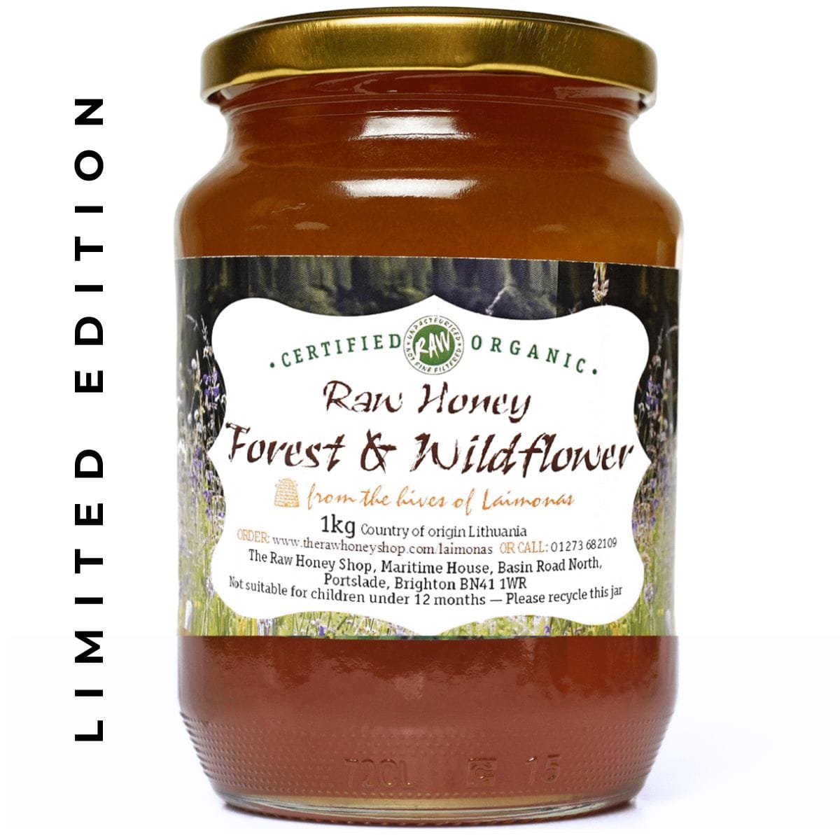 Caramel brown honey with a white label to front with Forest and Wildflower text.