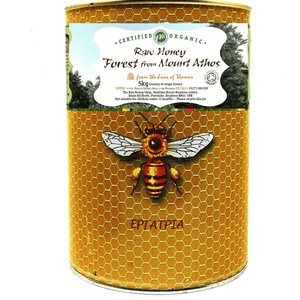 Tin with honeycomb patter an d bee illustration to front with white label and the wording Raw Honey Forest from Mount Athos 5kg Honey.