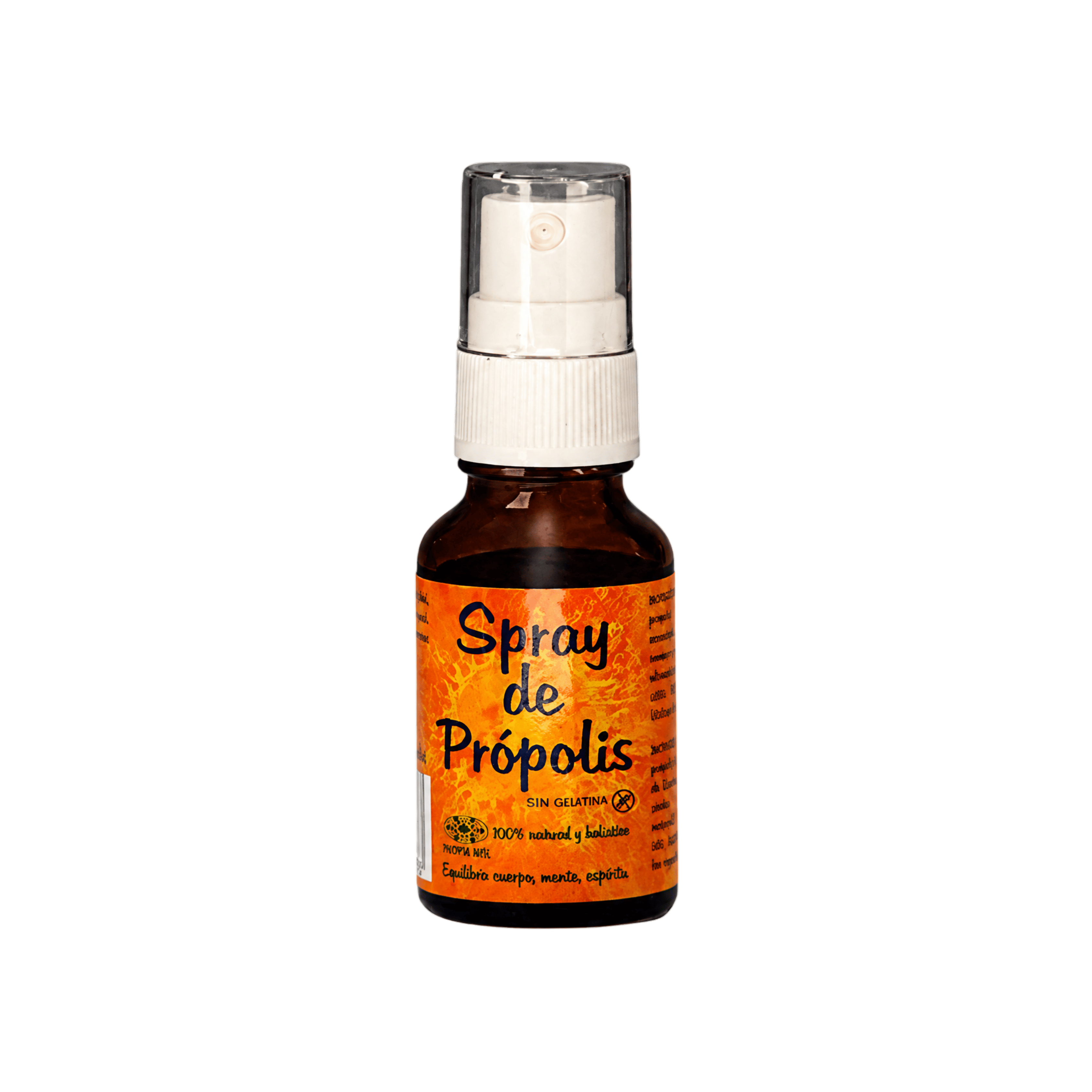 A small amber glass spray bottle with a white pump and a bright orange label reading 'Spray de Própolis' on a plain white background.