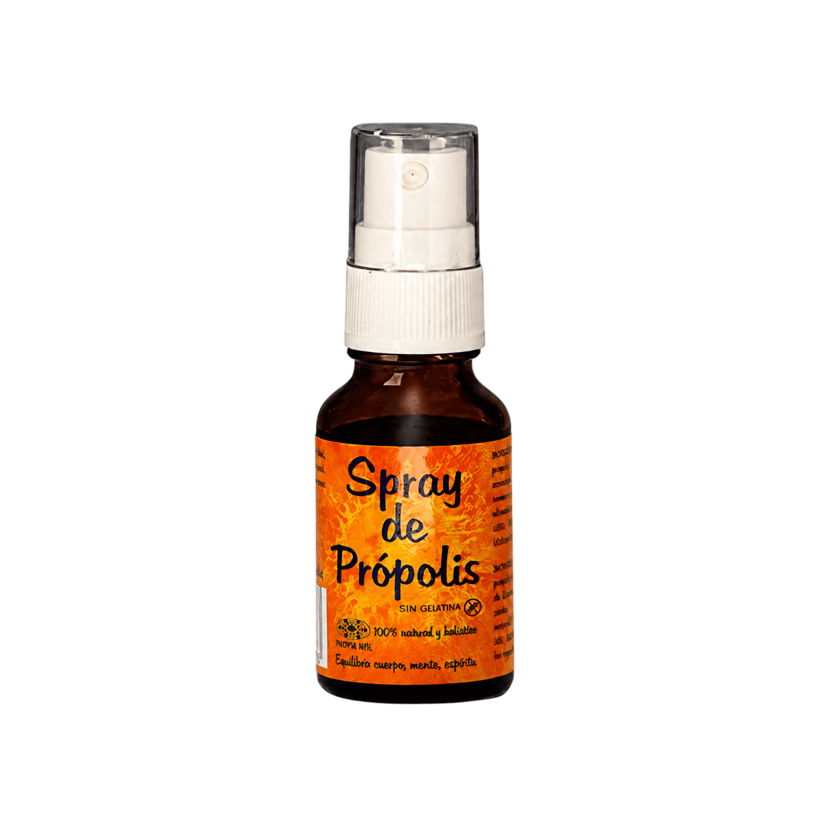 A small amber glass spray bottle with a white pump and a bright orange label reading 'Spray de Própolis' on a plain white background.