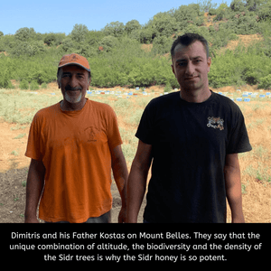 Two men standing on a field with trees in the background, discussing Sidr honey.
